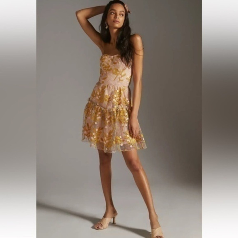 Anthropologie Eva Franco Floral Lace Strapless Mini Dress size 12 pink & yellow